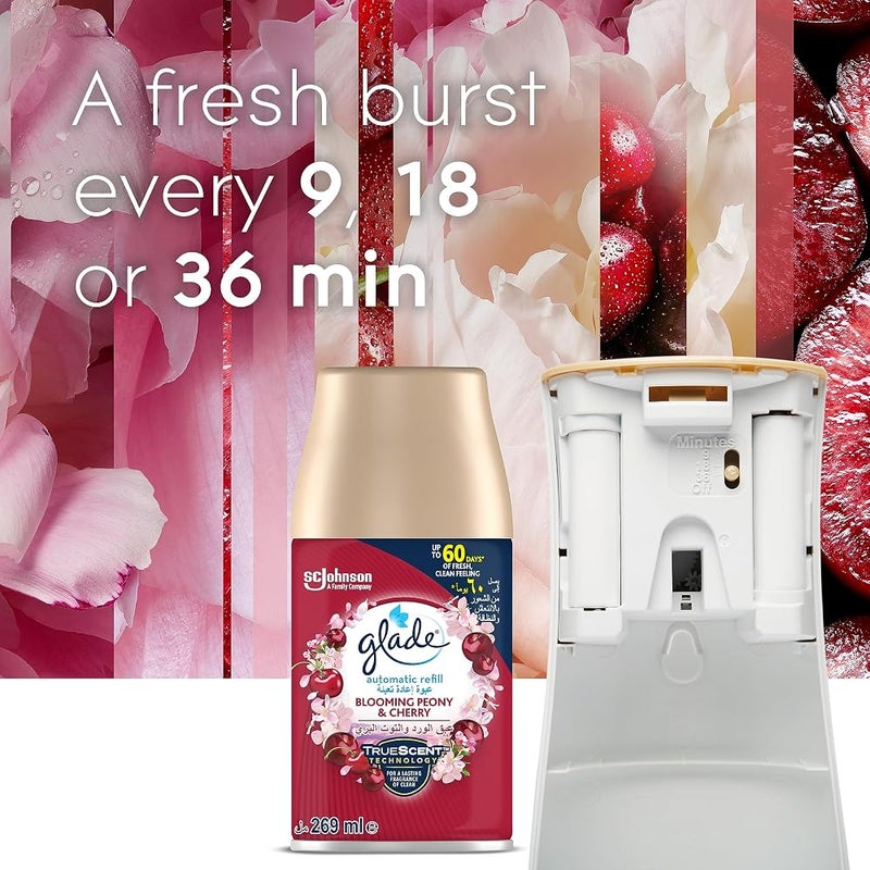 Glade Automatic Air Freshener Spray Holder with Scented Blooming Peony & Cherry Refill Starter Kit, 269 ml - Image 3