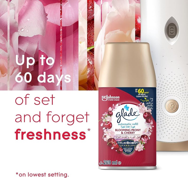 Glade Automatic Air Freshener Spray Holder with Scented Blooming Peony & Cherry Refill Starter Kit, 269 ml - Image 4