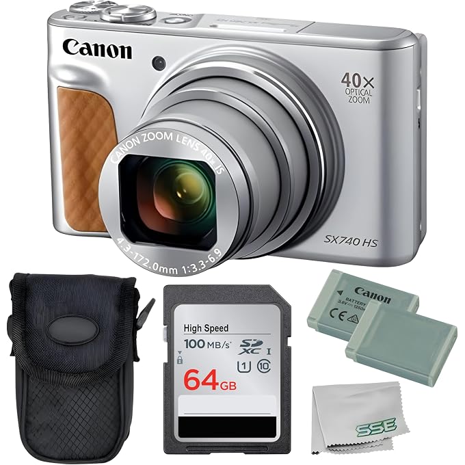 Canon PowerShot SX740 HS Digital Camera (Silver) 5PC Bundle - Includes 64GB SD Memory Card + Point & Shoot Case + Extra Battery + Microfiber Cleaning Cloth + More (Renewed) - Image 1