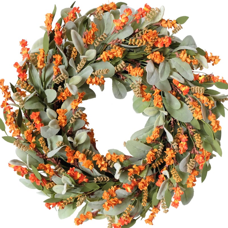 20 Inch Fall Wreath Harvest Orange Flowers Grain Wreath for Front Door Everyday Lamb Ears Leaves with Yellow Orange Artificial Flower Wreaths for Indoor and Outdoor Rustic and Farmhouse Wreaths