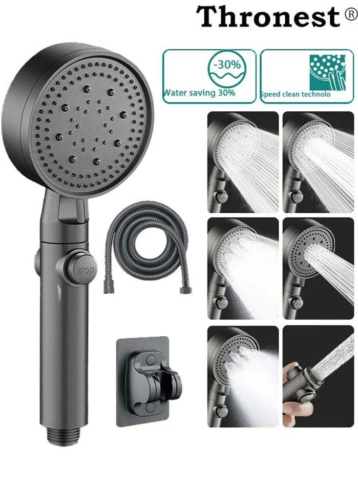 عرش مجموعة رأس دش مطورة عالية الضغط [5 أوضاع/موفرة للمياه/إيقاف بلمسة واحدة] مع خرطوم مرن بطول 1.5 متر وحامل حائط بدون ثقب - مثالي لضغط المياه السعودي وإعداد الحمام - رمادي - Image 1