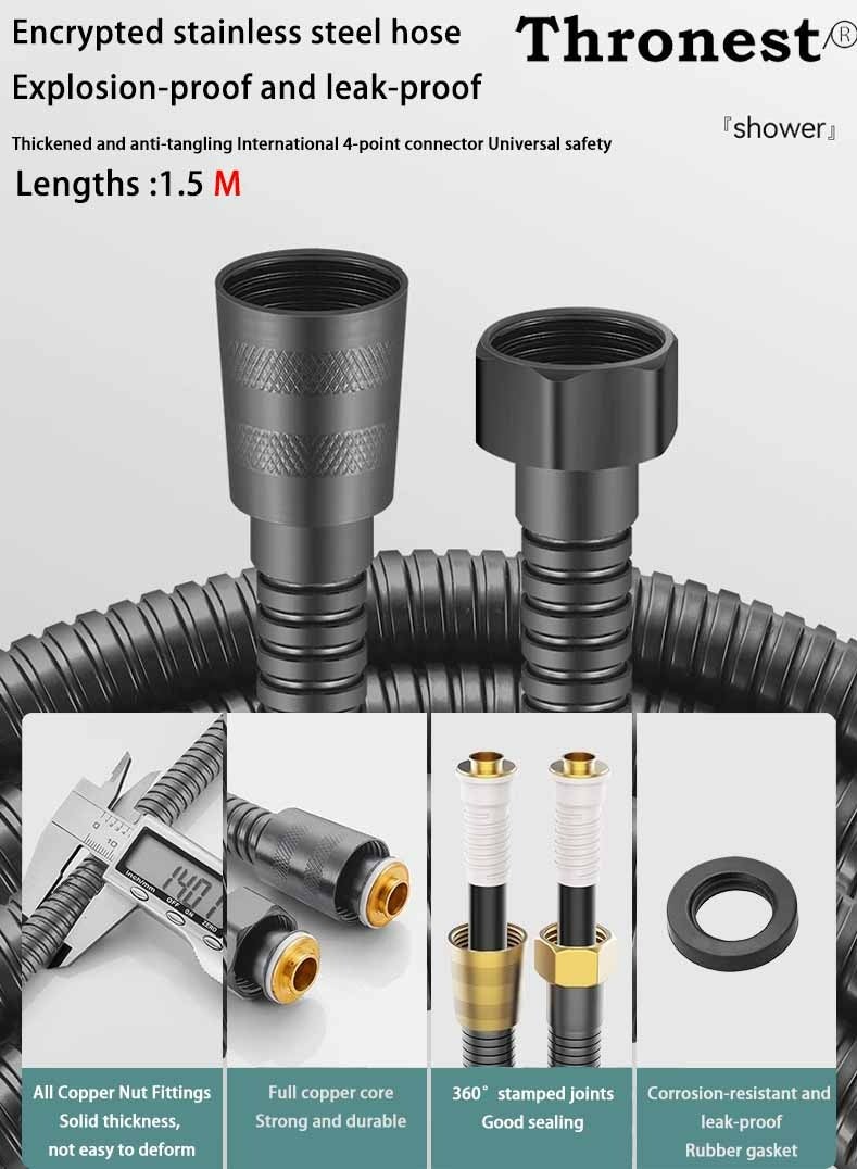 عرش مجموعة رأس دش مطورة عالية الضغط [5 أوضاع/موفرة للمياه/إيقاف بلمسة واحدة] مع خرطوم مرن بطول 1.5 متر وحامل حائط بدون ثقب - مثالي لضغط المياه السعودي وإعداد الحمام - رمادي - Image 2