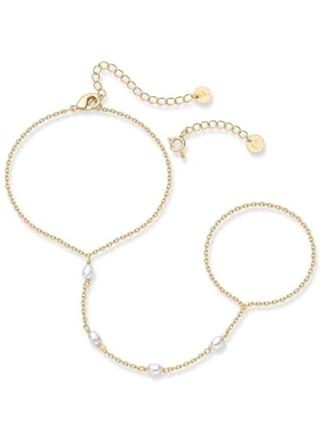 PAVOI - 14K Gold Plated Freshwater Pearl Gold Hand Chain Bracelet for Women - Trendy Ring Bracelet Hand Chain Body Jewelry - Image 1