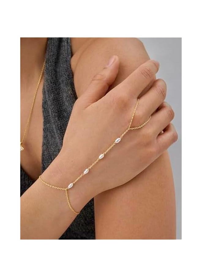 PAVOI - 14K Gold Plated Freshwater Pearl Gold Hand Chain Bracelet for Women - Trendy Ring Bracelet Hand Chain Body Jewelry - Image 1