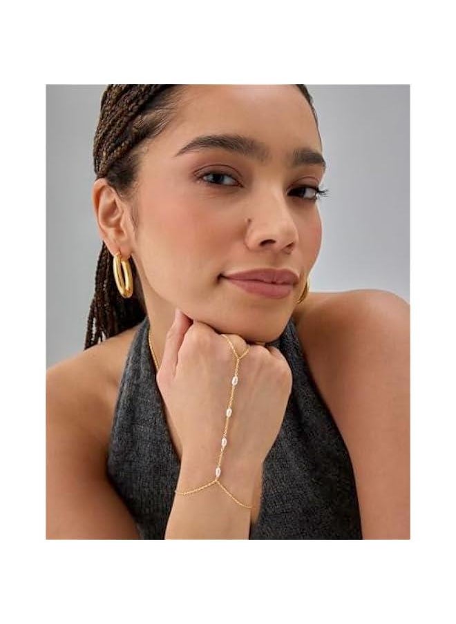 PAVOI - 14K Gold Plated Freshwater Pearl Gold Hand Chain Bracelet for Women - Trendy Ring Bracelet Hand Chain Body Jewelry - Image 1