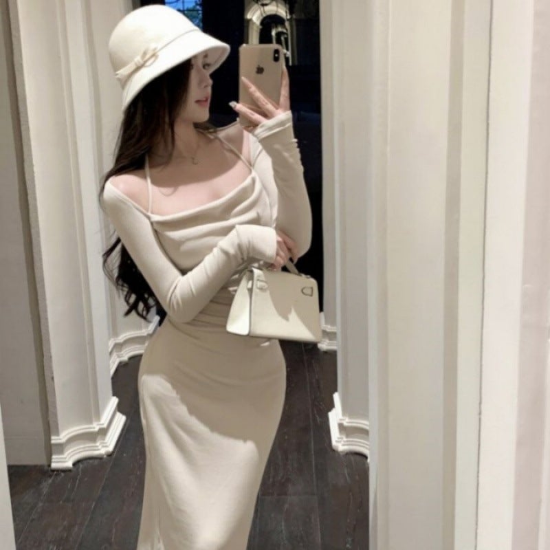 2024 New Spring Clothes Inner Base French Elegant Long Dress Slim-fit Square Neck Hanging Neck dress Children Autumn and Winter 609 pink - Image 2