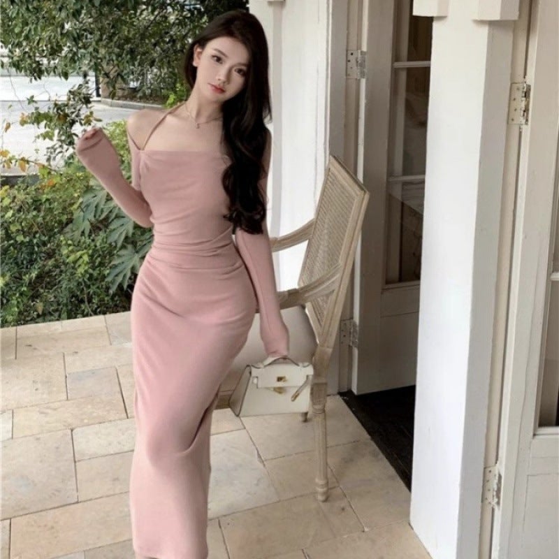 2024 New Spring Clothes Inner Base French Elegant Long Dress Slim-fit Square Neck Hanging Neck dress Children Autumn and Winter 609 pink - Image 1