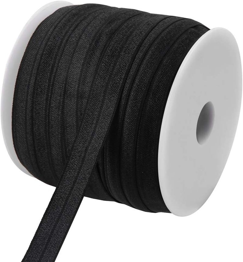 Teemico 50 Yards Black Elastic Foldover Ribbon Stretch Fold Over FOE Elastics for Hair Ties Headbands Making (5/8 inch Width)