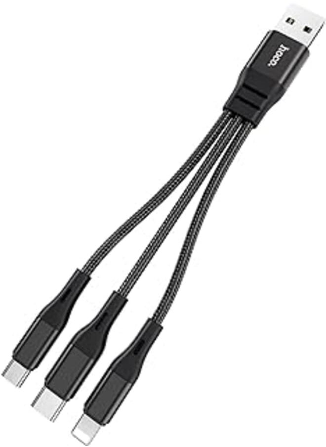 Hoco Hoco X47 - Harbor، كابل شحن 3 في 1 (2.4 أمبير - 0.25 متر)، قابس USB-A إلى Lightning/Micro-USB/USB-C، متوافق مع أجهزة Apple iPhone وiPad وAirpods وSamsung وHuawei وXiaomi وOppo - أسود 