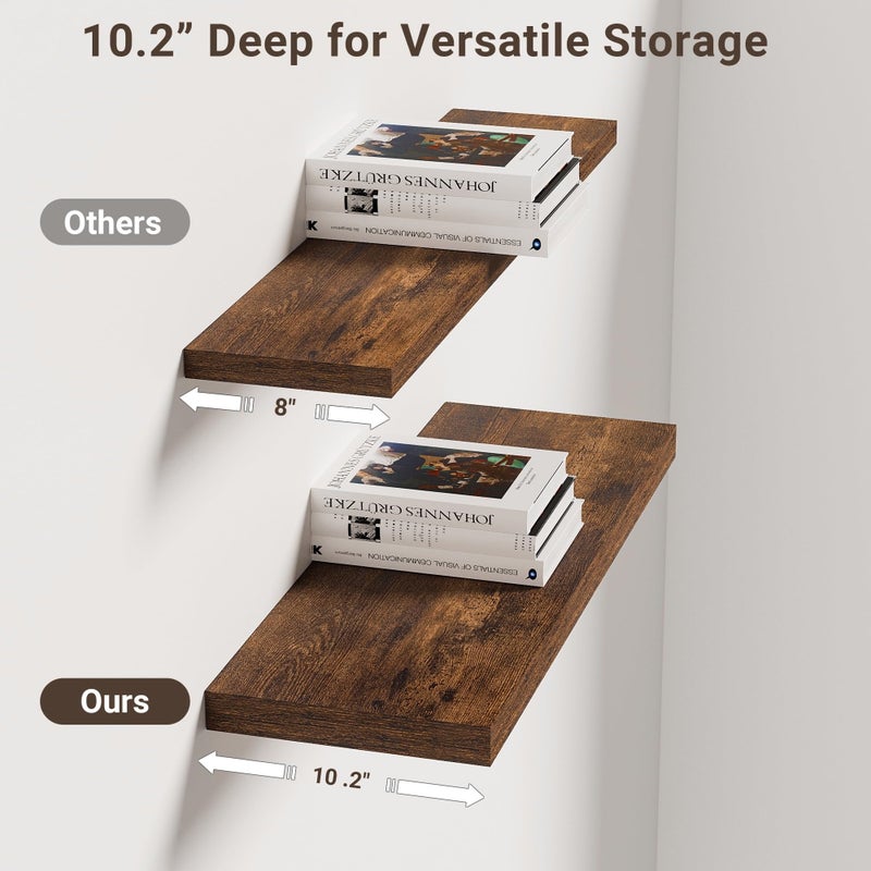 Vivelove 10 Inch Deep Floating Shelves 24 inch Long, 24 x 10 Wide Wall Shelves with Invisible Brackets, for Bedroom Bathroom Living Room Kitchen Office, Farmhouse Home Decor, Set of 2, Rustic Brown - Image 2