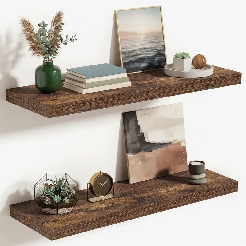 Vivelove 10 Inch Deep Floating Shelves 24 inch Long, 24 x 10 Wide Wall Shelves with Invisible Brackets, for Bedroom Bathroom Living Room Kitchen Office, Farmhouse Home Decor, Set of 2, Rustic Brown - Image 1