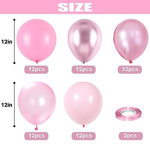 Togvu Pink Balloons Set, 60 Packs 12 Inch Metallic Chrome Pink Pearl Macaron Light Pink Different Shades Balloons for Girl Women Birthday Decorations, Wedding, Christening, Baby Shower Party - Image 2