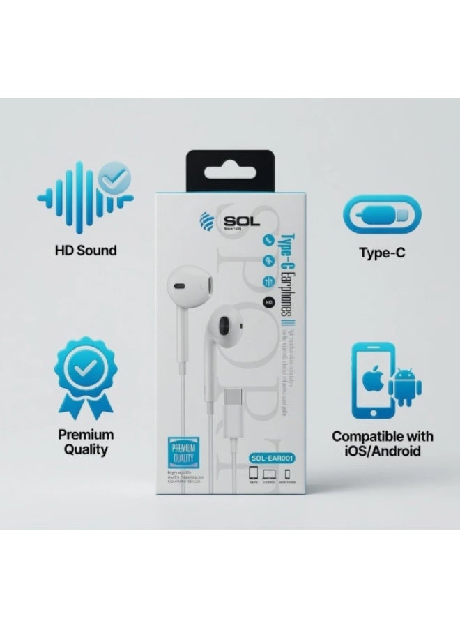 SOL Type-C Earphones | Wired Earbuds with Mic | HD Sound | SOL-EAR001 - Image 2