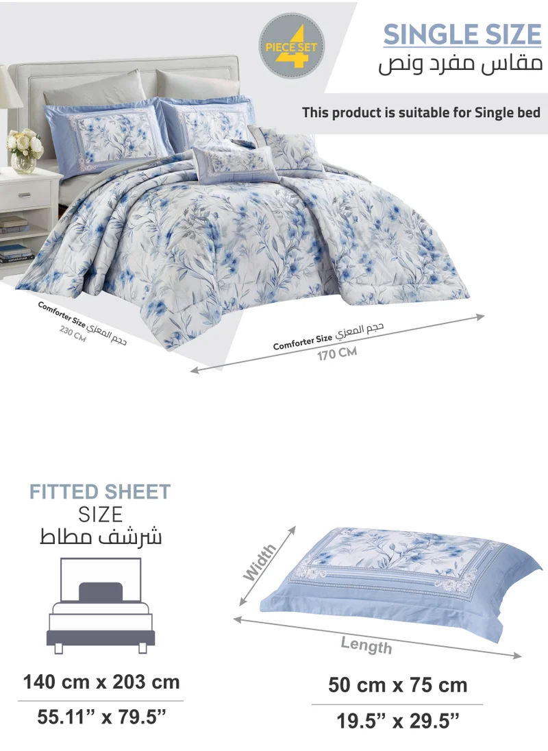 Donetella Cotton Comforter Set 4-Pcs Single Size All Season Reversible Floral Printed Bed Fits(120 X 200 Cm) With 350 GSM Down ALternative Filling,Geyser