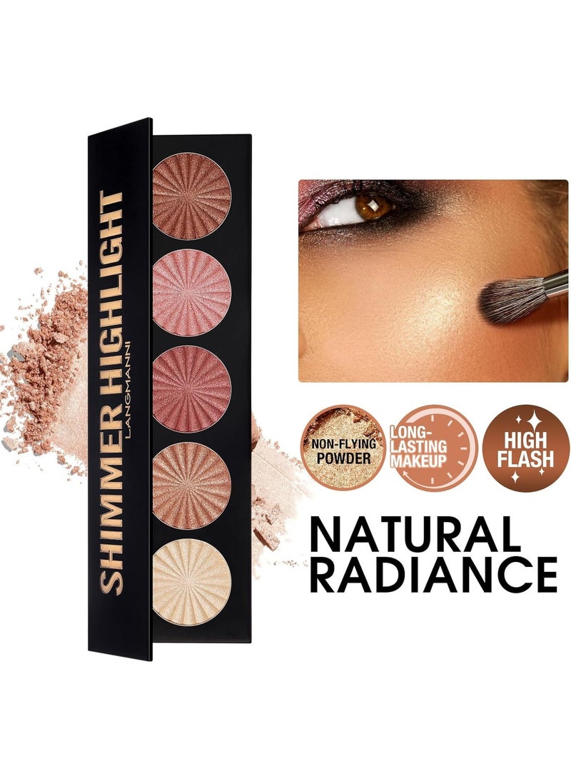 LANGMANNI Waterproof 5‑Color Highlighter & Illuminator Powder Palette – Baked Face Makeup with Bronzers for Radiant, Long‑Lasting Glow & Silky Smooth Finish - Image 2