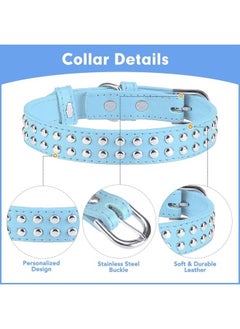 BINGPET BA2006 Adjustable Dog Real Split Leather Studded Pet Dog Collar, Durable Doggy Collars for Small Medium Large Dogs - Light Blue M 