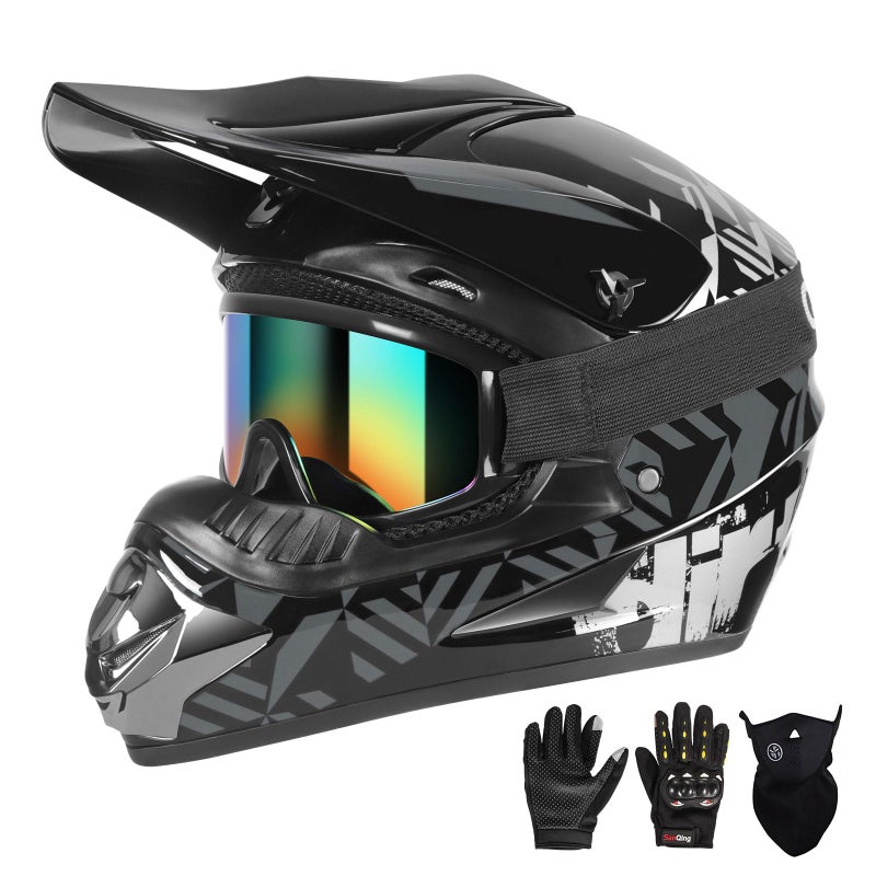 SPARK DOT Youth Motocross Helmet Kids Dirt Bike Helmets - Full Face, Lightweight & Breathable for Off-Road E-Bike BMX MX ATV (with Gloves Goggles Mask) 4Pcs Set, Medium(57-58cm), Grey - Image 1