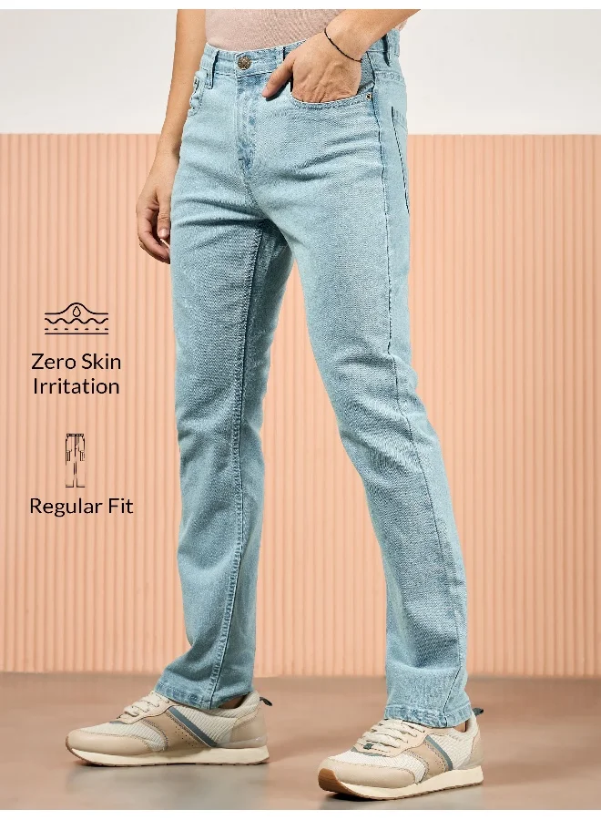 Beyoung cotton lycra Ice Blue Regular Fit Jeans for men