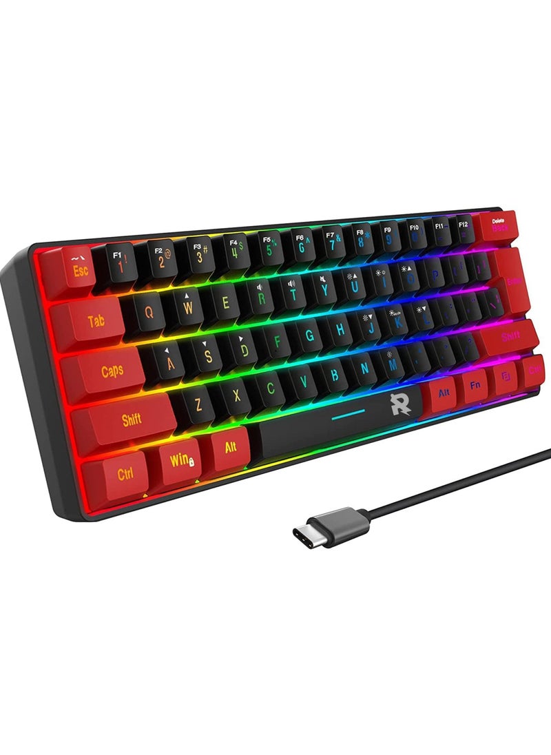 Rock Pow - 60% Wired Gaming Keyboard,True RGB Mini Keyboard, Waterproof Small Compact 61 Keys Keyboard for PC/Mac Gamer, Typist, Travel, Easy to Carry on Business Trip - Image 1