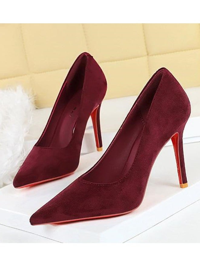 BIGTREE Women's Closed Pointed Toe High Heel Pumps Suede Stiletto Heels Wine Red 10CM - Image 1