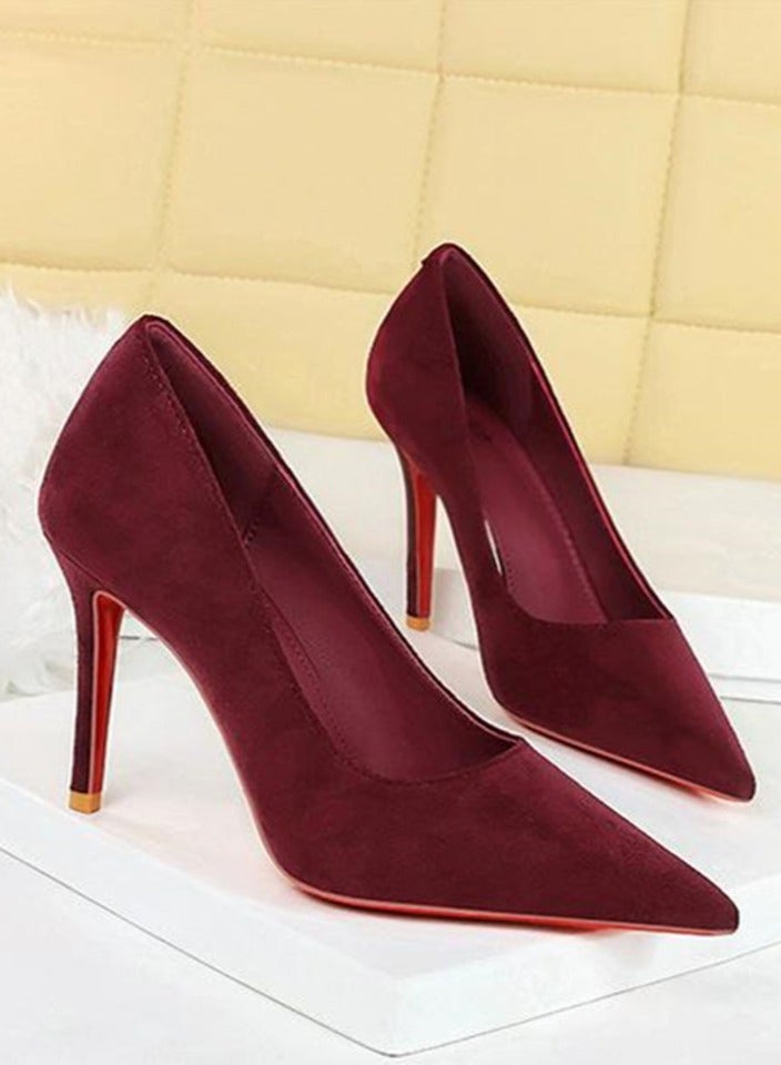 BIGTREE Women's Closed Pointed Toe High Heel Pumps Suede Stiletto Heels Wine Red 10CM - Image 2