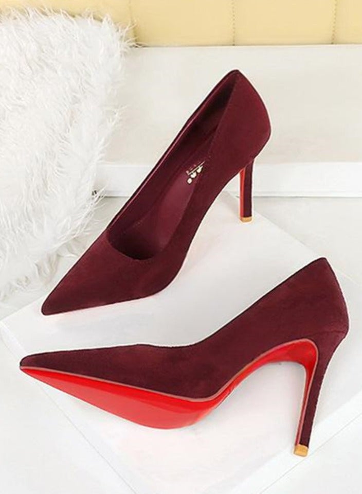 BIGTREE Women's Closed Pointed Toe High Heel Pumps Suede Stiletto Heels Wine Red 10CM - Image 3