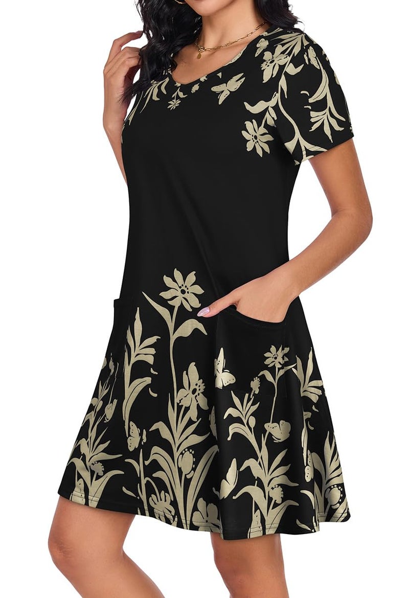 CHICGAL Summer Dresses for Women V Neck Short Sleeve Casual Loose T Shirt Sundress Beach Cover Ups with Pockets(Black Floral, L) - Image 3