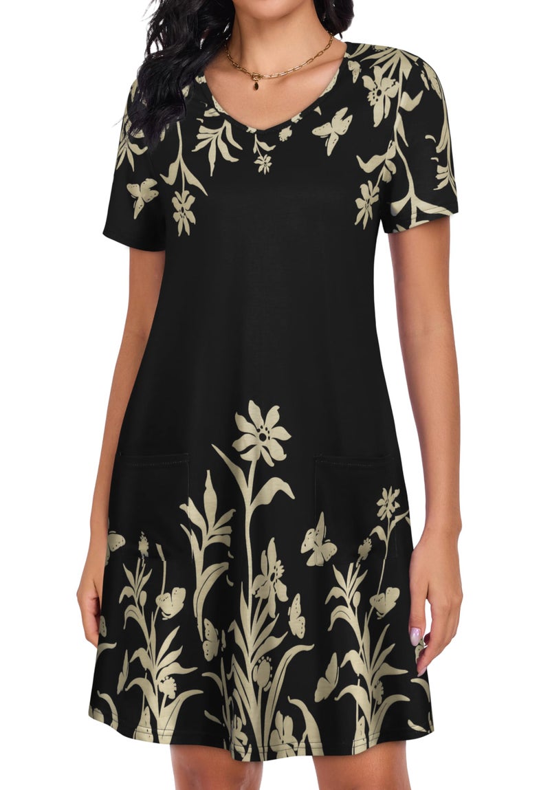 CHICGAL Summer Dresses for Women V Neck Short Sleeve Casual Loose T Shirt Sundress Beach Cover Ups with Pockets(Black Floral, L) - Image 5