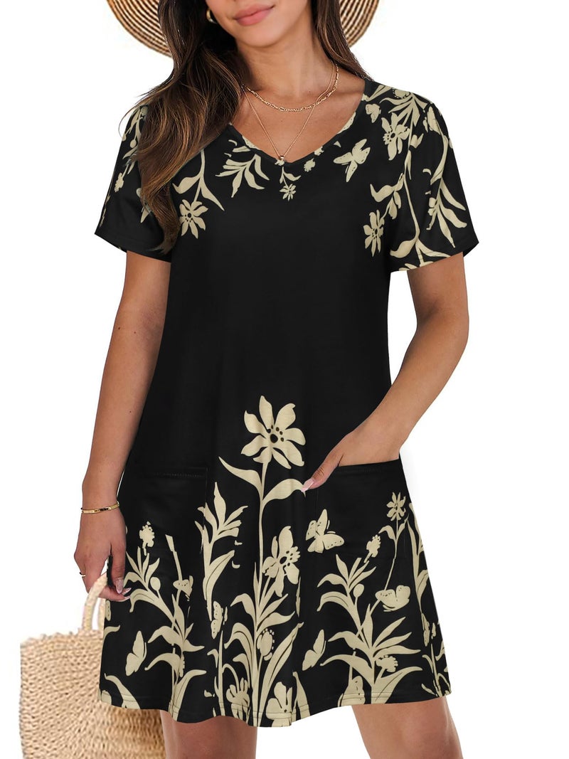 CHICGAL Summer Dresses for Women V Neck Short Sleeve Casual Loose T Shirt Sundress Beach Cover Ups with Pockets(Black Floral, L) - Image 1