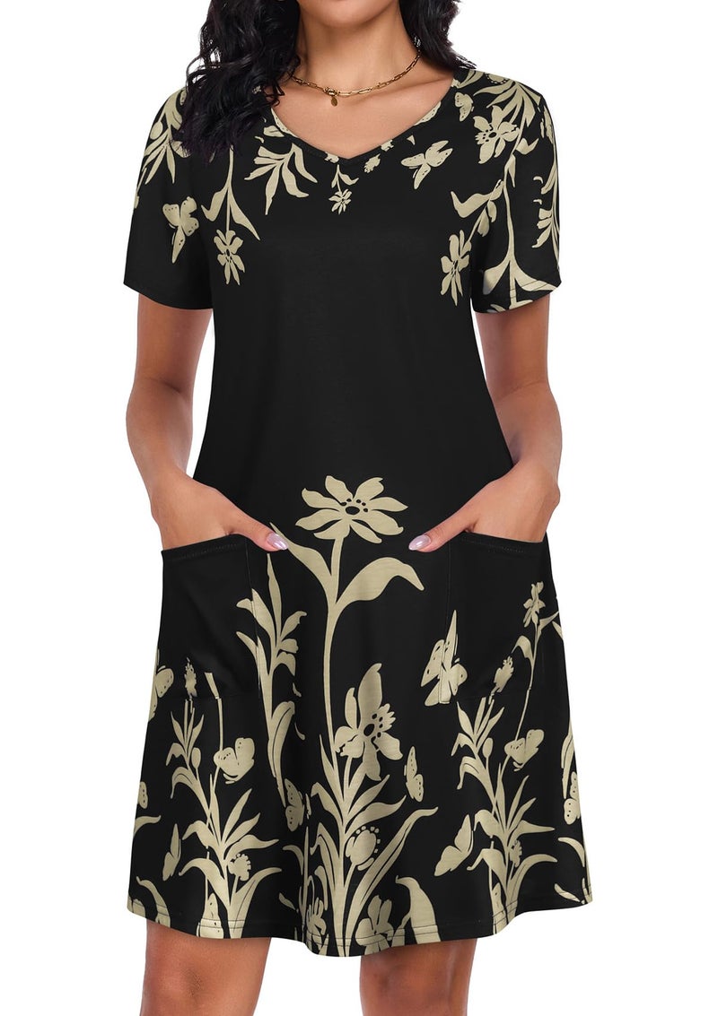 CHICGAL Summer Dresses for Women V Neck Short Sleeve Casual Loose T Shirt Sundress Beach Cover Ups with Pockets(Black Floral, L) - Image 2