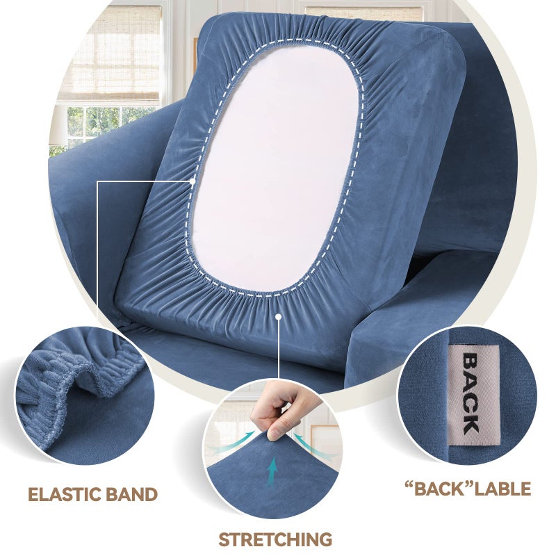 WEERRW Velvet Plush Fabric 4 Pieces Sofa Covers for 3 Cushion Couch with Elastic Bottom Straps in Light Blue - Image 3