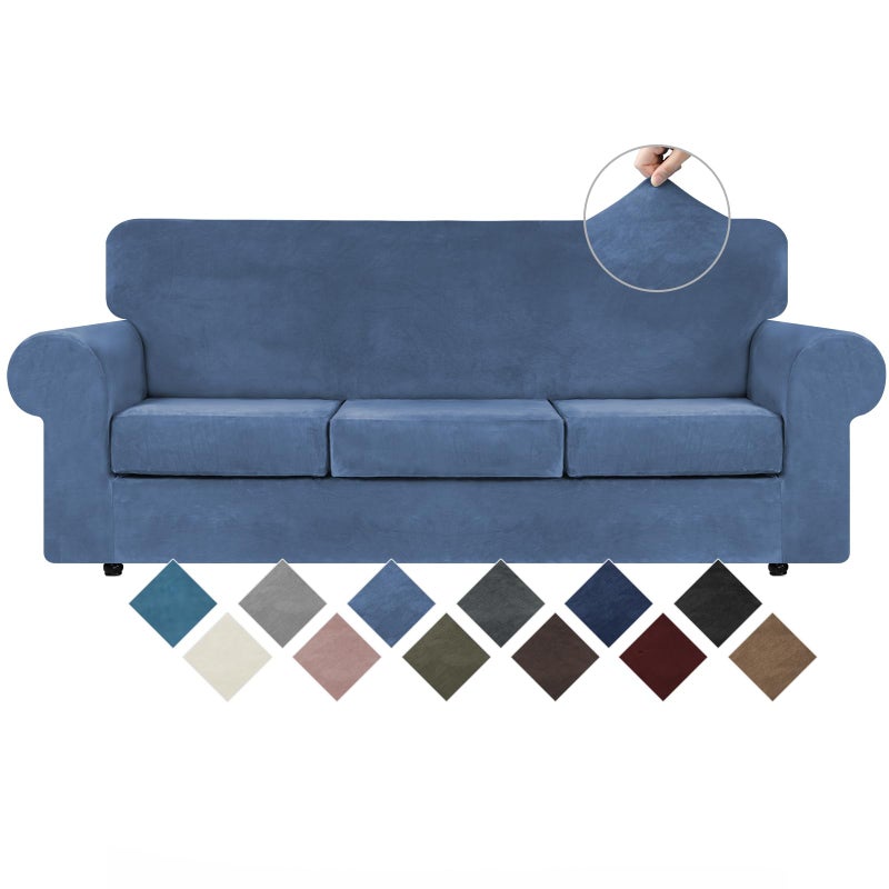 WEERRW Velvet Plush Fabric 4 Pieces Sofa Covers for 3 Cushion Couch with Elastic Bottom Straps in Light Blue - Image 1