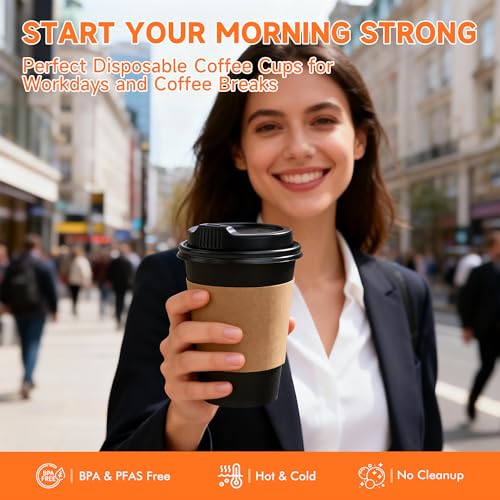 METAPRINT 100 Pack 16 oz Disposable Coffee Cups with Lids and Sleeves, Sturdy Paper Cups for Hot/Cold Drinks, Leak-Proof To Go Coffee Cups with Lids for Home, Café, Events, Office, Black - Image 5