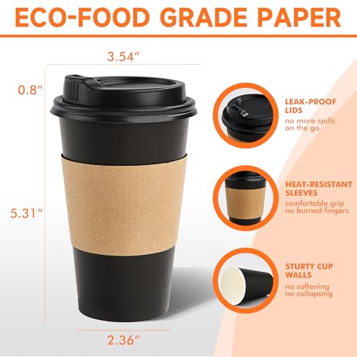 METAPRINT 100 Pack 16 oz Disposable Coffee Cups with Lids and Sleeves, Sturdy Paper Cups for Hot/Cold Drinks, Leak-Proof To Go Coffee Cups with Lids for Home, Café, Events, Office, Black - Image 2