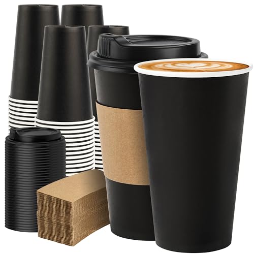 METAPRINT 100 Pack 16 oz Disposable Coffee Cups with Lids and Sleeves, Sturdy Paper Cups for Hot/Cold Drinks, Leak-Proof To Go Coffee Cups with Lids for Home, Café, Events, Office, Black - Image 1