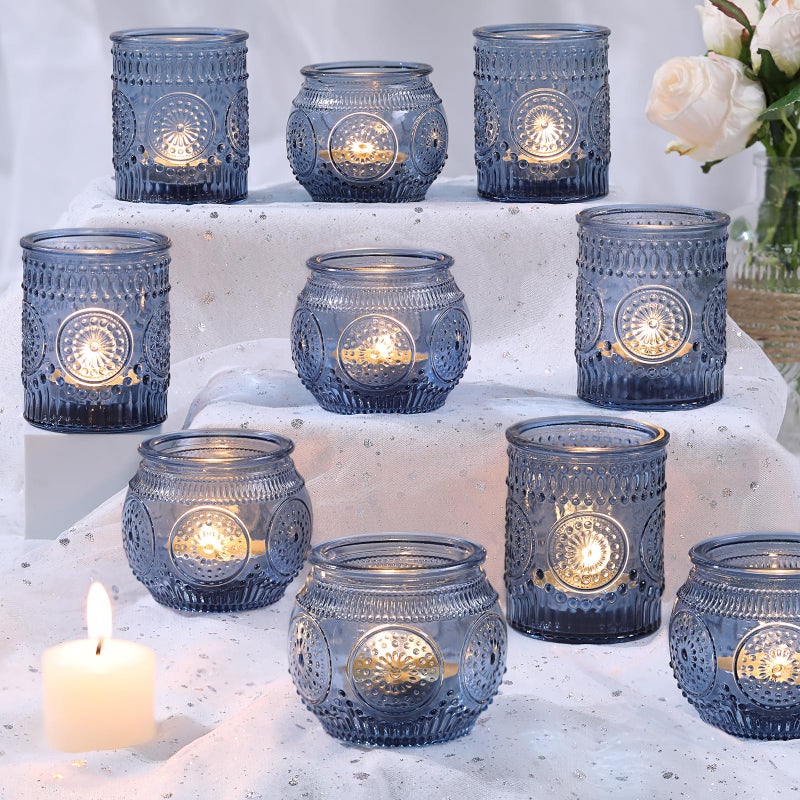 DARJEN 12Pcs Blue Votive Candle Holders - Votive Candle Holders Bulk, Glass Candle Holder for Party Decoration, Tea Lights Candle Holders for Wedding - Image 1