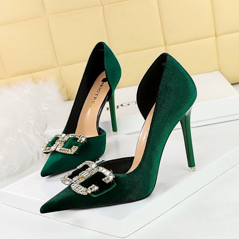 1363-K78 High Heels, Stiletto Heels, Shallow Mouth, Pointed Toe, Side Cut Out, Thickeneded Suede Rhinestone Buckle Bow Shoes - Image 2