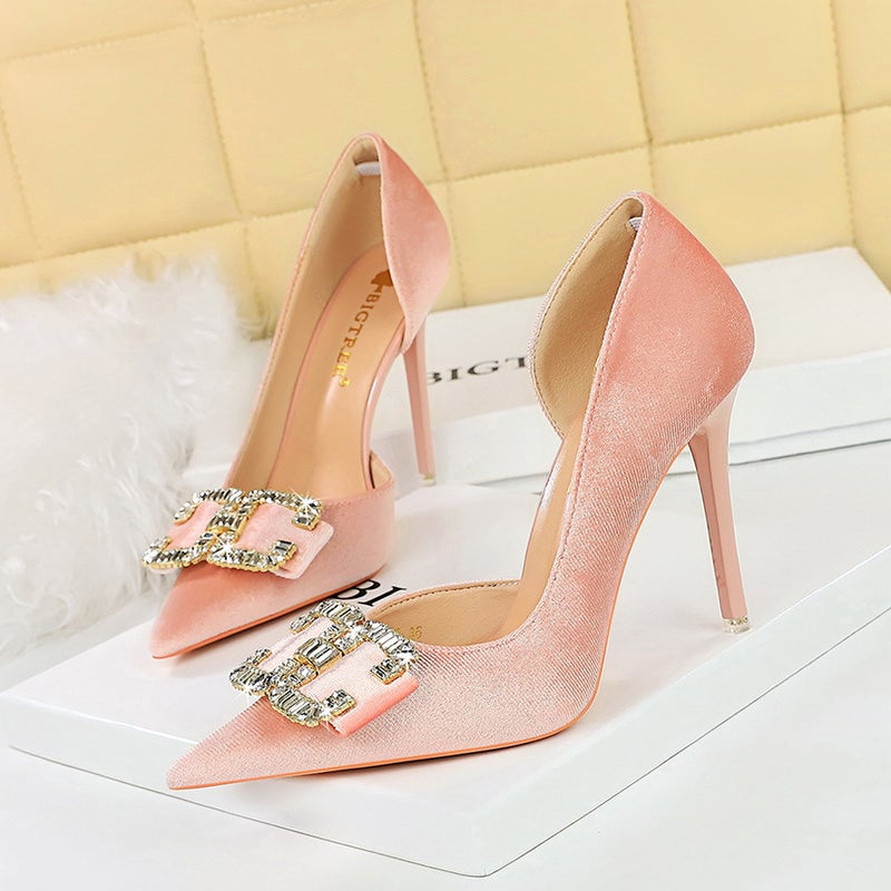 1363-K78 High Heels, Stiletto Heels, Shallow Mouth, Pointed Toe, Side Cut Out, Thickeneded Suede Rhinestone Buckle Bow Shoes - Image 5