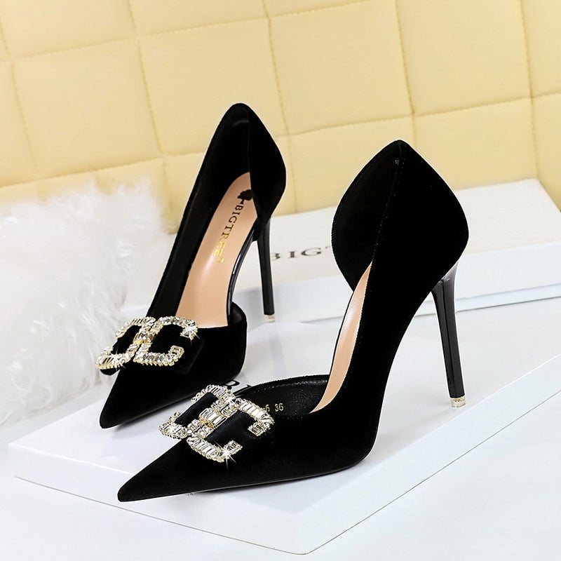 1363-K78 High Heels, Stiletto Heels, Shallow Mouth, Pointed Toe, Side Cut Out, Thickeneded Suede Rhinestone Buckle Bow Shoes - Image 4