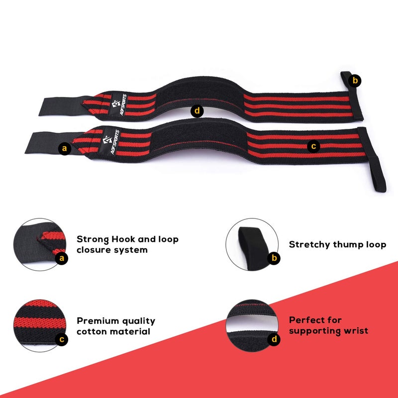 AQF Power Weight Lifting Wrist Wraps Supports with Thumb Loop for Gym Strength Training, Powerlifting, Bodybuilding and Deadlifts (Red & Black, 18") - Image 3