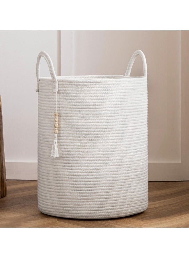 GGEROU White Woven Rope Laundry Basket, 58L Tall Laundry Basket, Laundry Basket Dirty Laundry Hamper with Handle, Cotton Storage Basket for Bathroom Toys Blankets 40x50cm - Image 1