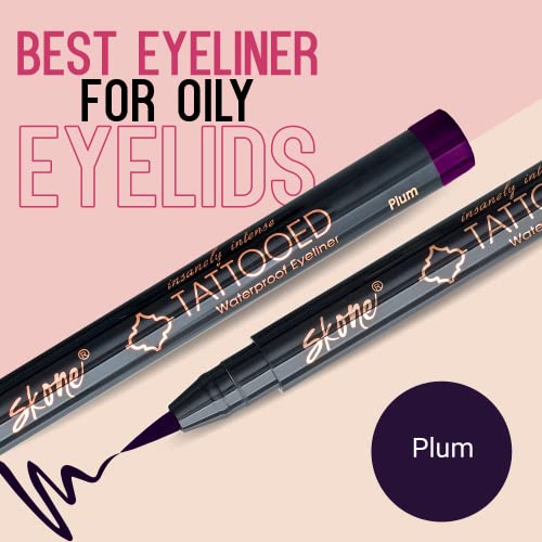 Skone Cosmetics Insanely Intense Tattooed Eyeliner Pen Waterproof Liquid Eyeliner Long Lasting Sweat Proof Smudge Proof Felt Tip Liquid Eyeliner Pigmented Eye Liner Makeup Plum Black 007oz - Image 3
