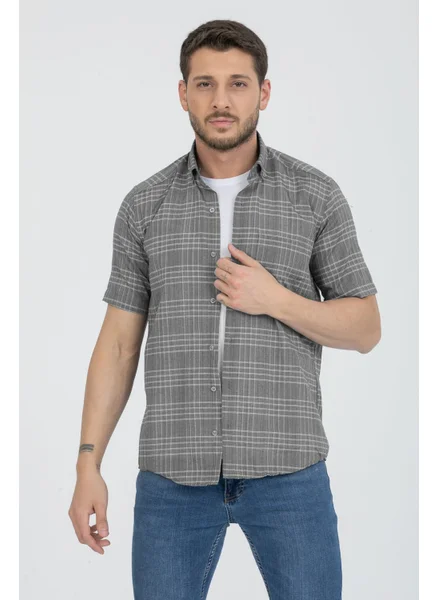 فاريتا Men's Gray Short Sleeved Pocket Checked Collar Buttoned Cotton Shirt