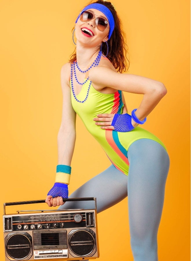 80s Fancy Dress Costume Accessories Lace Headband Earrings Fishnet Gloves Necklace Bracelet for Retro Party, Royal Blue - Image 4