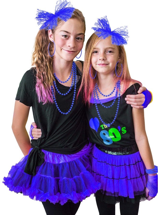 80s Fancy Dress Costume Accessories Lace Headband Earrings Fishnet Gloves Necklace Bracelet for Retro Party, Royal Blue - Image 3