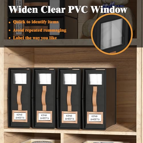 BigPonPon 3 Pack Foldable Bed Sheets Set Organizers and Storage(King & Queen Size),Linen Fabric Closet Organizers with Window,Folding Bedding Storage Box for Bedsheets and Pillow Cube Organizer-Black - Image 4