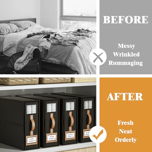 BigPonPon 3 Pack Foldable Bed Sheets Set Organizers and Storage(King & Queen Size),Linen Fabric Closet Organizers with Window,Folding Bedding Storage Box for Bedsheets and Pillow Cube Organizer-Black - Image 2