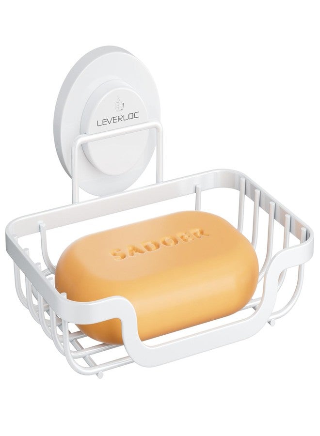 LEVERLOC Soap Dish, Soap Bar Holder for Shower Suction Cup Wall Mounted, Stainless Steel No-Drilling Removable Waterproof Sponge Holder for Bathroom Bathtub Kitchen Sink, Keep Dry, White - Image 1