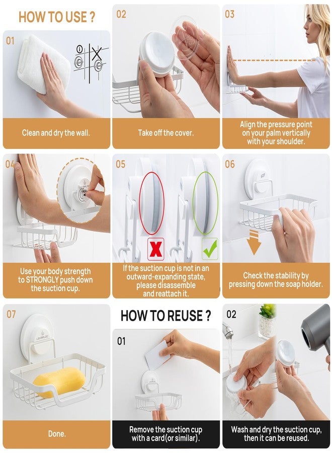 LEVERLOC Soap Dish, Soap Bar Holder for Shower Suction Cup Wall Mounted, Stainless Steel No-Drilling Removable Waterproof Sponge Holder for Bathroom Bathtub Kitchen Sink, Keep Dry, White - Image 5