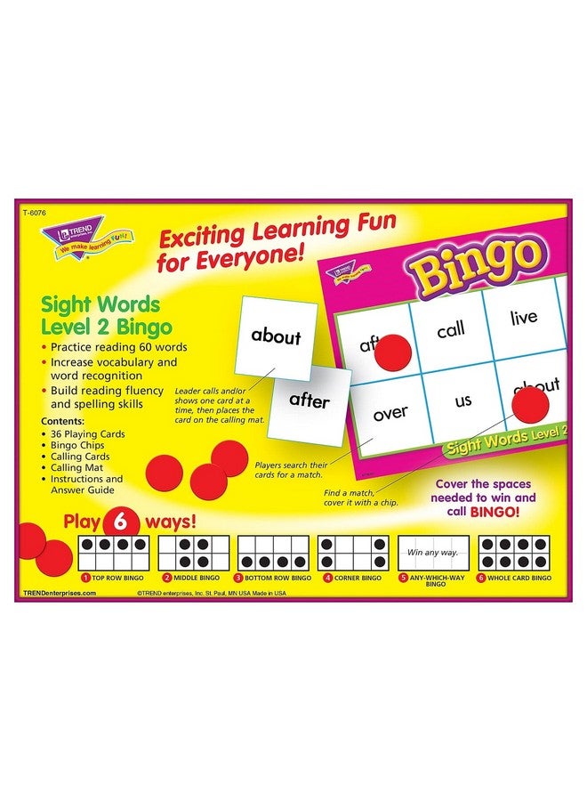 Trend Enterprises Trend Enterprises: Sight Words Level 2 Bingo Game, Exciting Way for Everyone to Learn, Play 6 Different Ways, Great for Classrooms and at Home, 3 to 36 Players, for Ages 5 and Up - Image 4